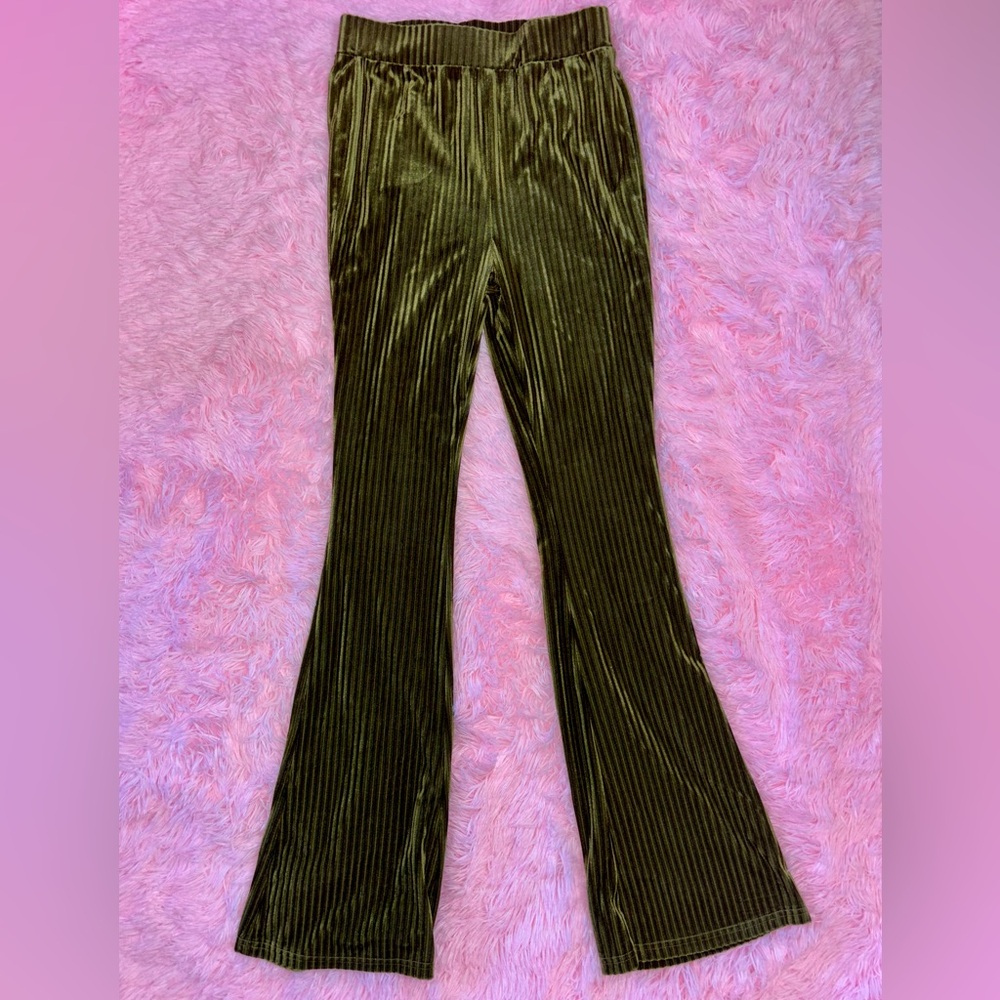 Olive Green Flared Leg Velvet Pants - Size Medium